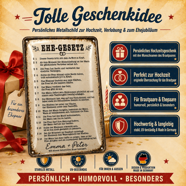 Ehe-Gesetz – Humorvolles Hochzeitsschild – personalisiertes Leotie Metallschild, 20 × 30 cm – Produktabbildung 2