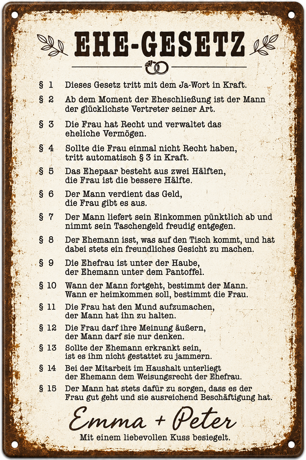 Ehe-Gesetz – Humorvolles Hochzeitsschild – personalisiertes Leotie Metallschild, 20 × 30 cm – Produktabbildung 3