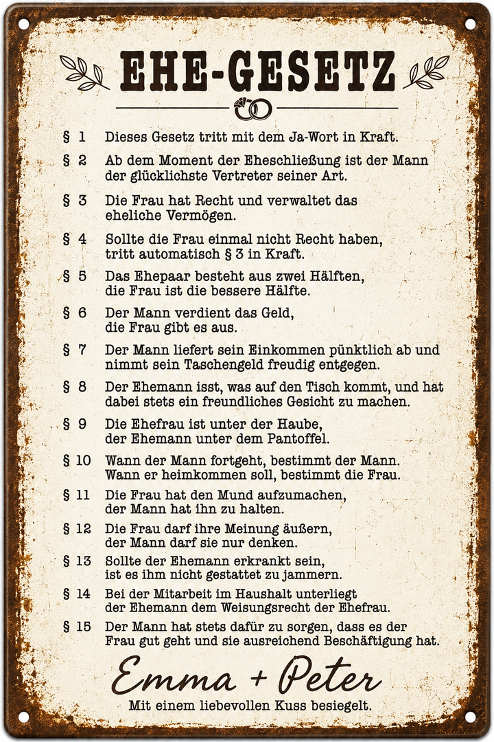 Ehe-Gesetz – Humorvolles Hochzeitsschild – personalisiertes Leotie Metallschild, 20 × 30 cm – Produktabbildung 3