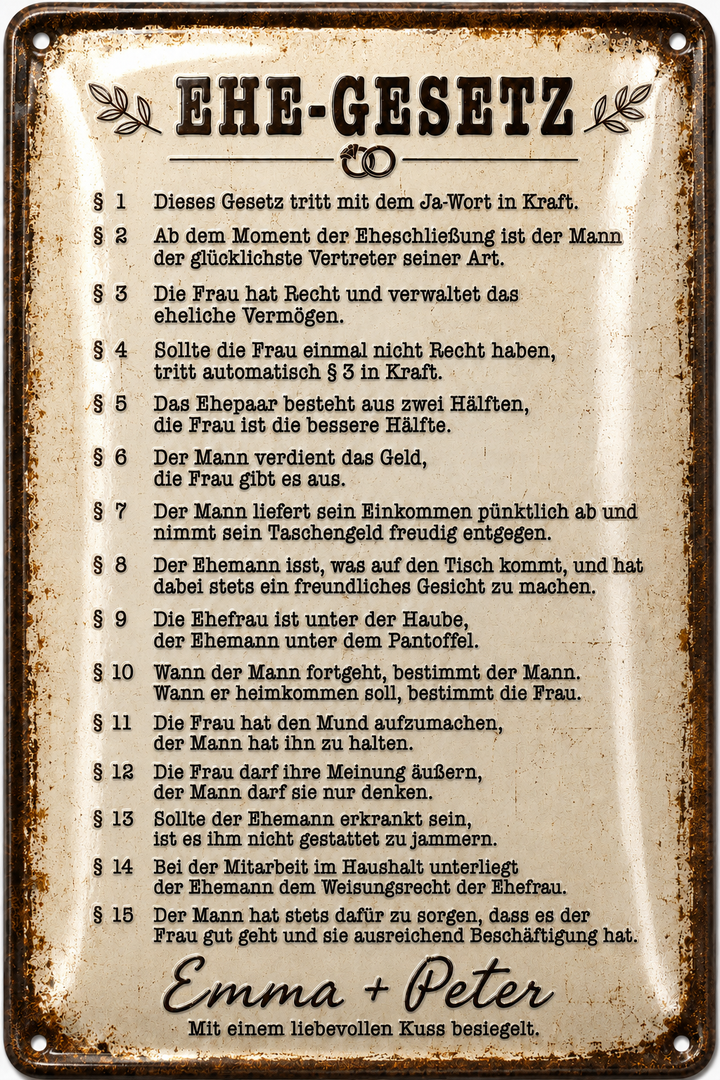 Ehe-Gesetz – Humorvolles Hochzeitsschild – personalisiertes Leotie Metallschild, 20 × 30 cm – Motivansicht