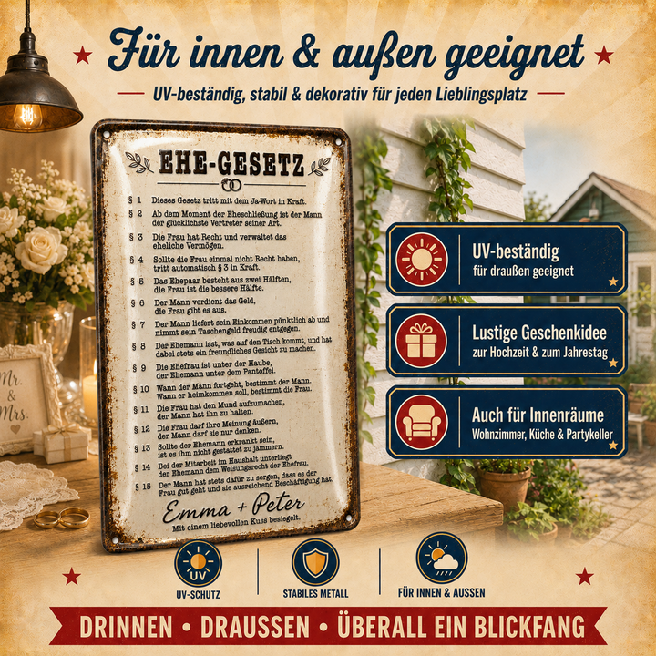 Ehe-Gesetz – Humorvolles Hochzeitsschild – personalisiertes Leotie Metallschild, 20 × 30 cm – Produktabbildung 4
