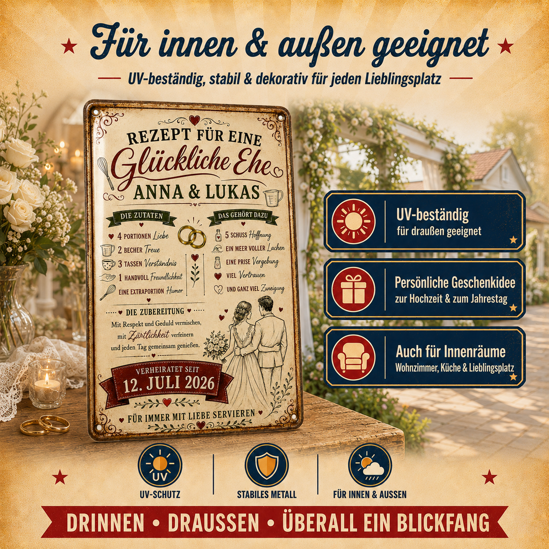 Rezept für eine glückliche Ehe – personalisiertes Leotie Metallschild, 20 × 30 cm – Produktabbildung 3