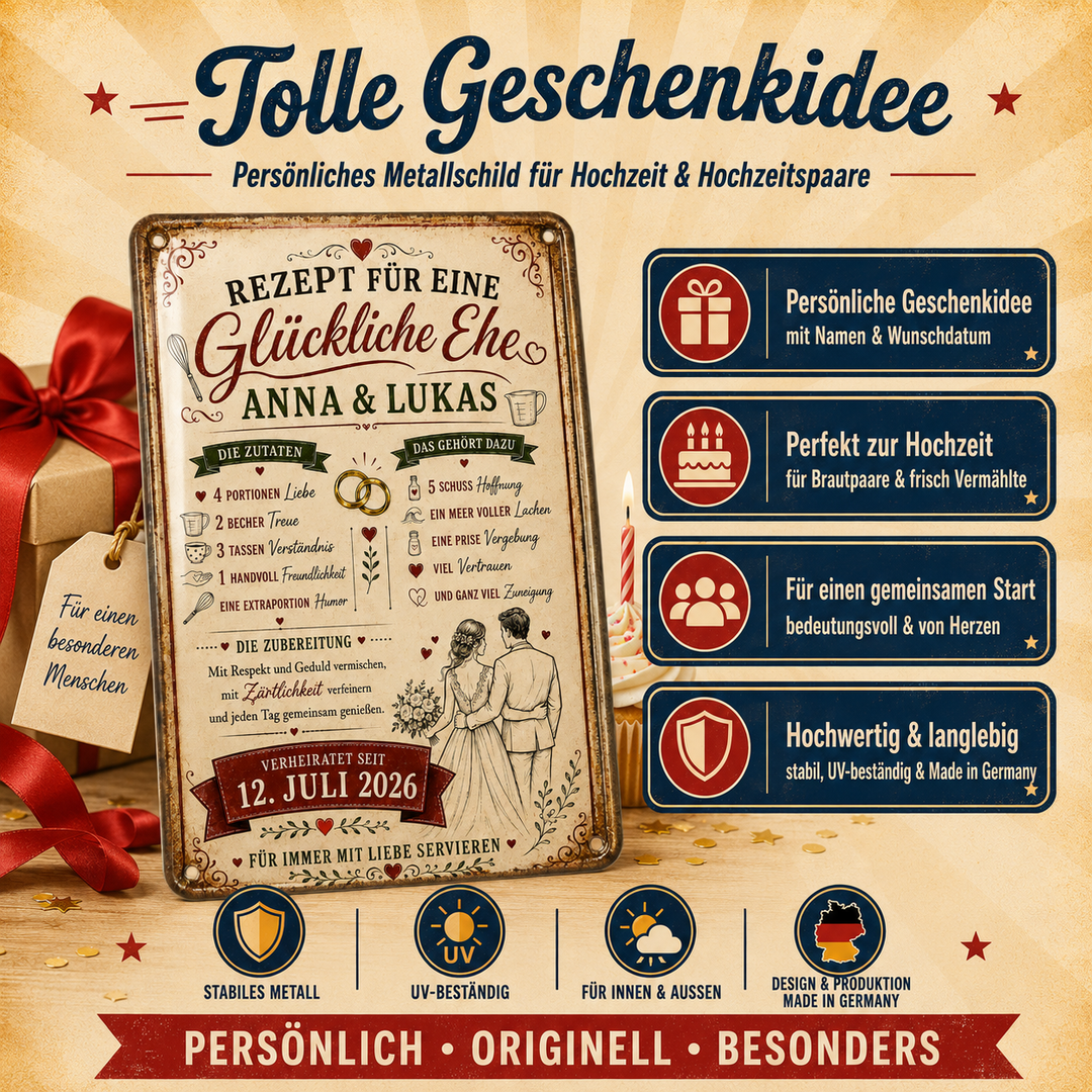 Rezept für eine glückliche Ehe – personalisiertes Leotie Metallschild, 20 × 30 cm – Produktabbildung 6