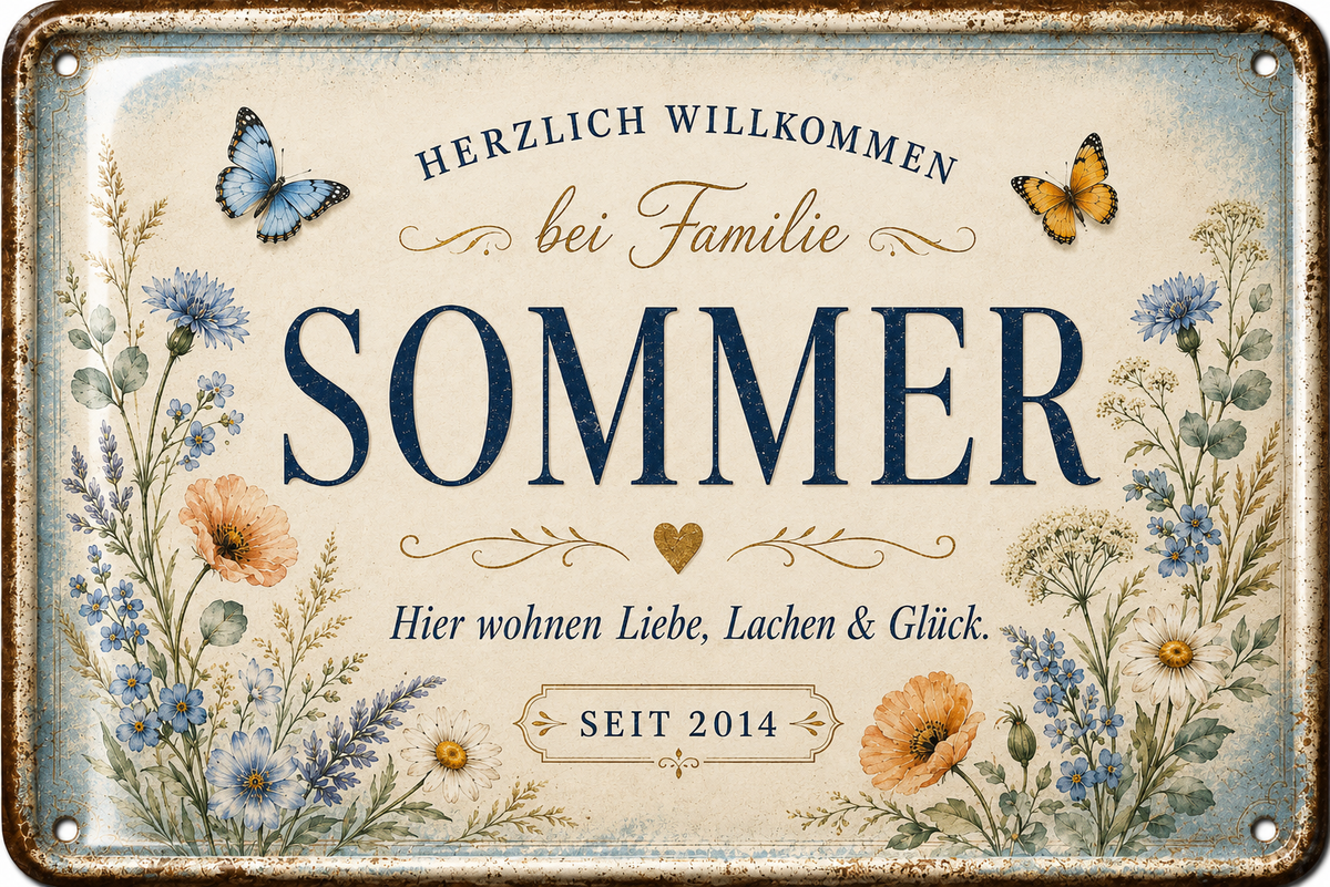 Familien-Willkommensschild – Wiesenblumen – personalisiertes Leotie Metallschild, 30 × 20 cm – Motivansicht