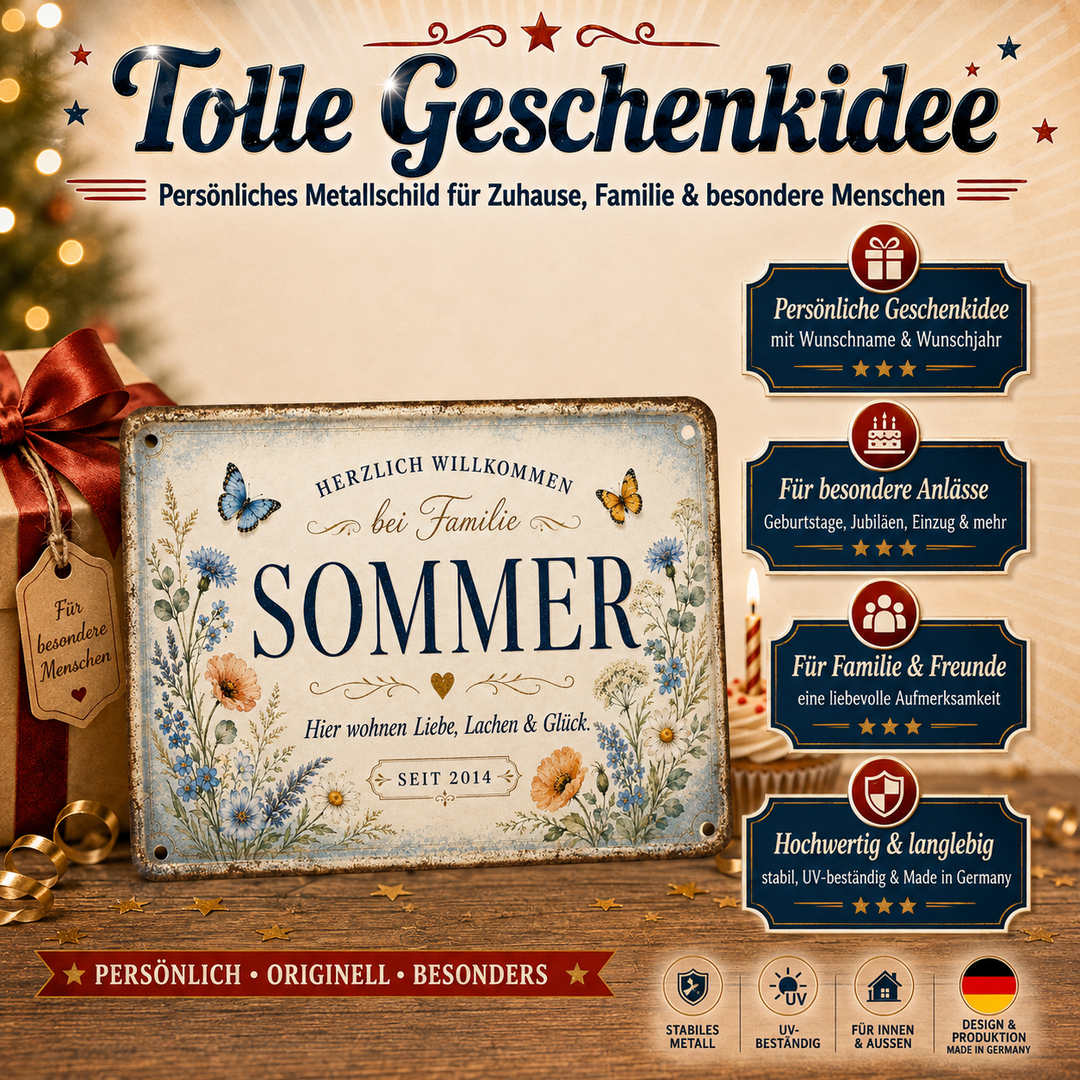 Familien-Willkommensschild – Wiesenblumen – personalisiertes Leotie Metallschild, 30 × 20 cm – Produktabbildung 2