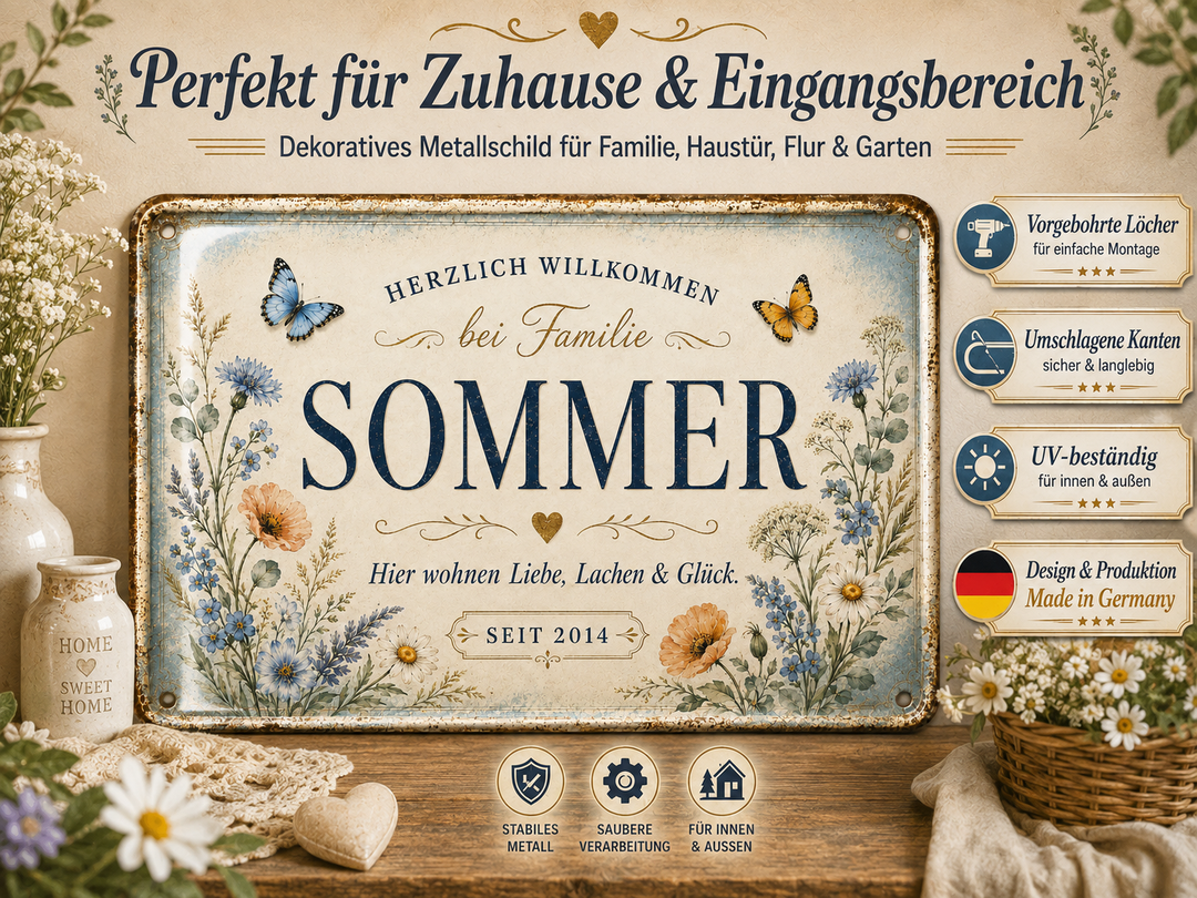 Familien-Willkommensschild – Wiesenblumen – personalisiertes Leotie Metallschild, 30 × 20 cm – Produktabbildung 3