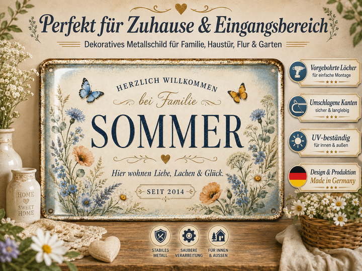 Familien-Willkommensschild – Wiesenblumen – personalisiertes Leotie Metallschild, 30 × 20 cm – Produktabbildung 3
