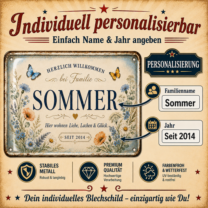 Familien-Willkommensschild – Wiesenblumen – personalisiertes Leotie Metallschild, 30 × 20 cm – Produktabbildung 4
