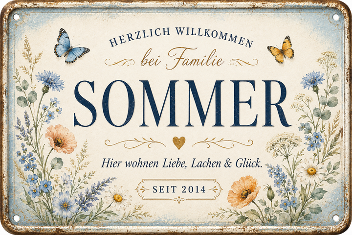 Familien-Willkommensschild – Wiesenblumen – personalisiertes Leotie Metallschild, 30 × 20 cm – Produktabbildung 6