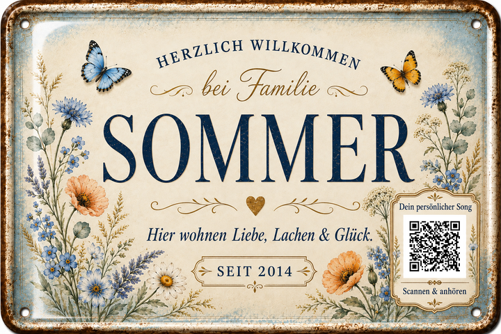 Familien-Willkommensschild – Wiesenblumen – personalisiertes Blechschild – Ausführung mit QR-Code für einen persönlichen Song, 20 × 30 cm