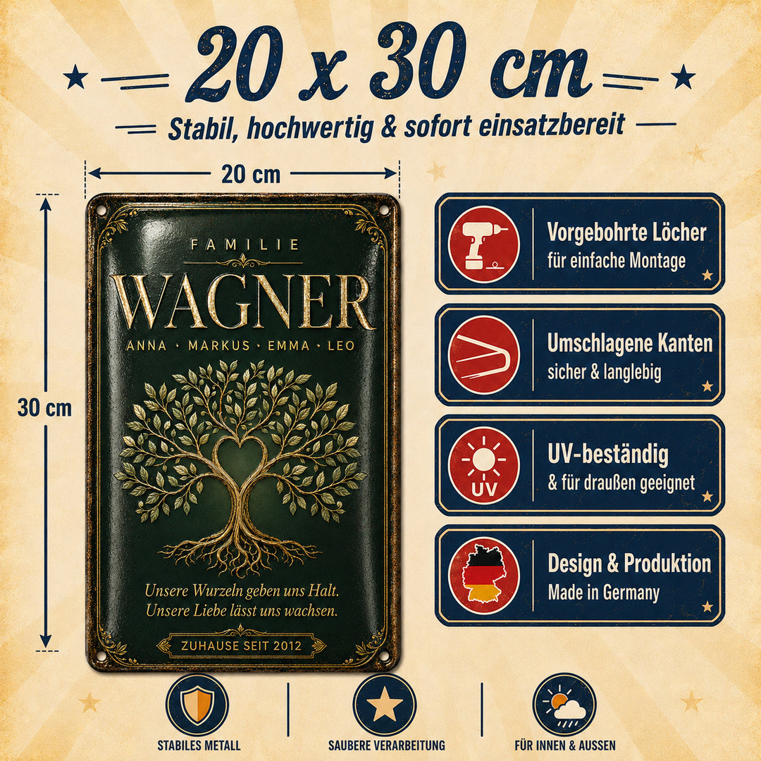 Familienbaum – Unsere Wurzeln geben uns Halt – personalisiertes Leotie Metallschild, 20 × 30 cm – Produktabbildung 2