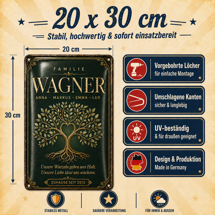 Familienbaum – Unsere Wurzeln geben uns Halt – personalisiertes Leotie Metallschild, 20 × 30 cm – Produktabbildung 2