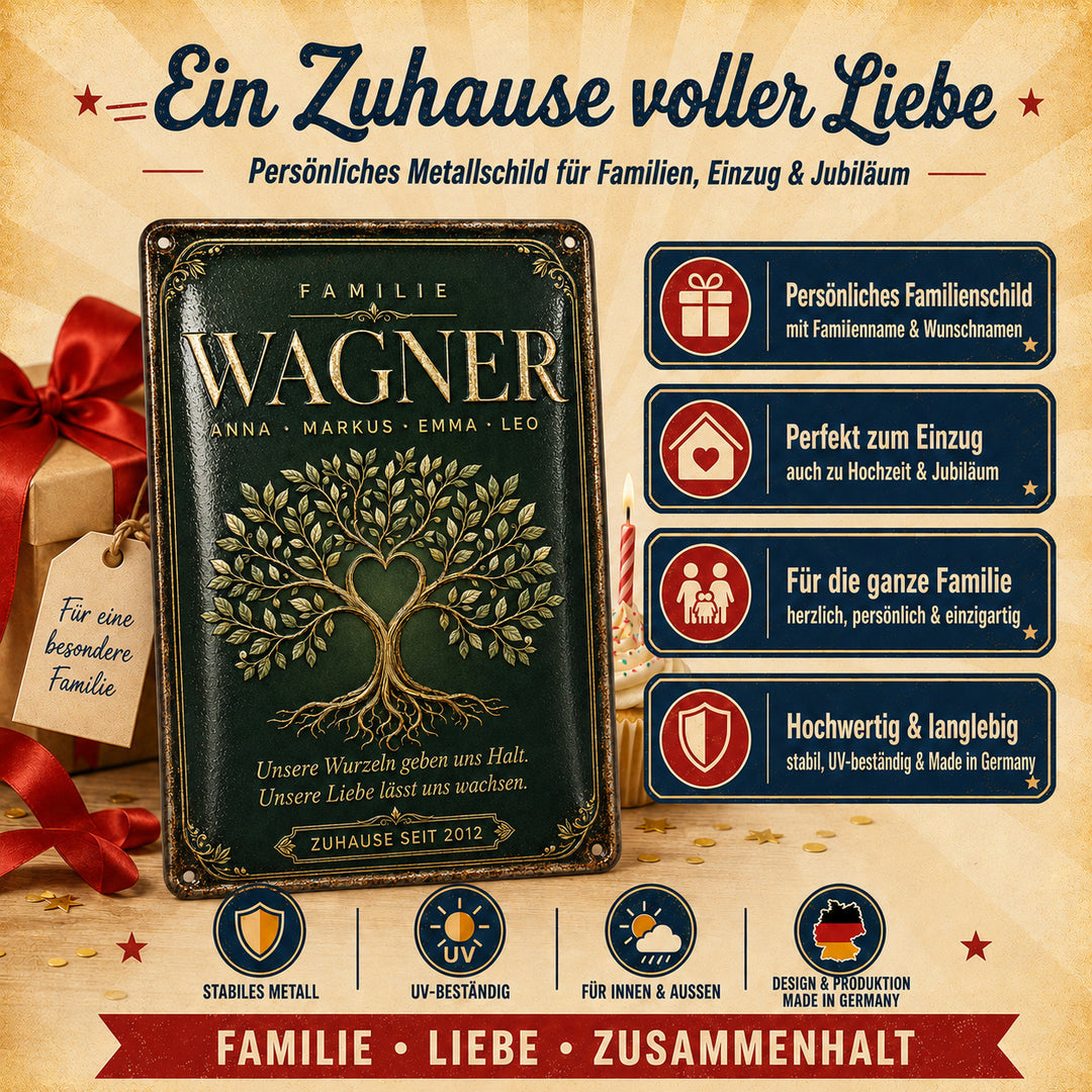 Familienbaum – Unsere Wurzeln geben uns Halt – personalisiertes Leotie Metallschild, 20 × 30 cm – Produktabbildung 3