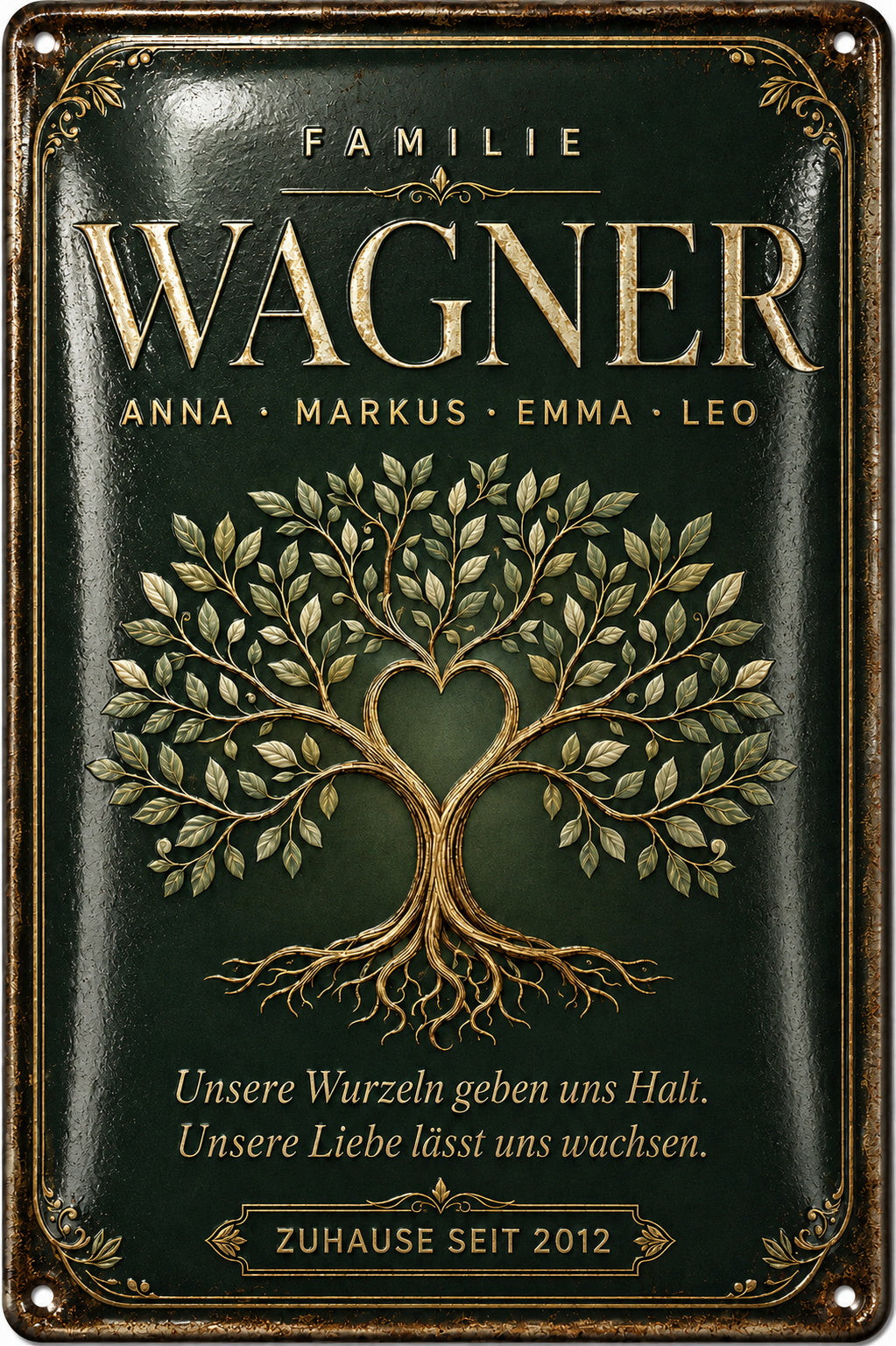 Familienbaum – Unsere Wurzeln geben uns Halt – personalisiertes Leotie Metallschild, 20 × 30 cm – Motivansicht