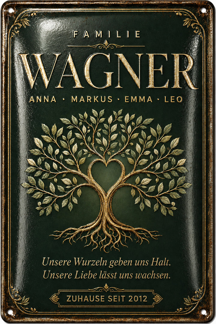 Familienbaum – Unsere Wurzeln geben uns Halt – personalisiertes Leotie Metallschild, 20 × 30 cm – Motivansicht