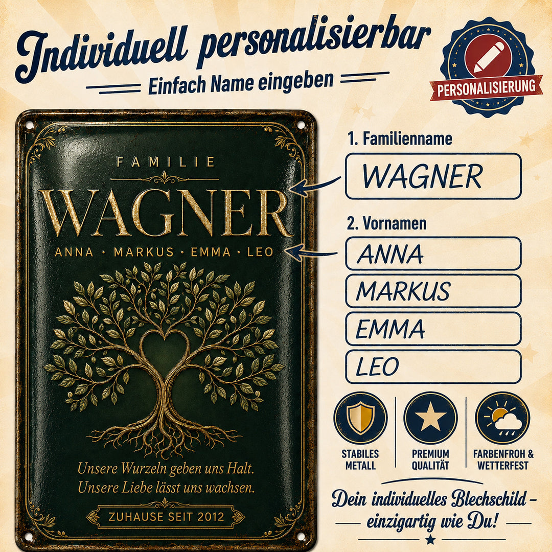 Familienbaum – Unsere Wurzeln geben uns Halt – personalisiertes Leotie Metallschild, 20 × 30 cm – Produktabbildung 6