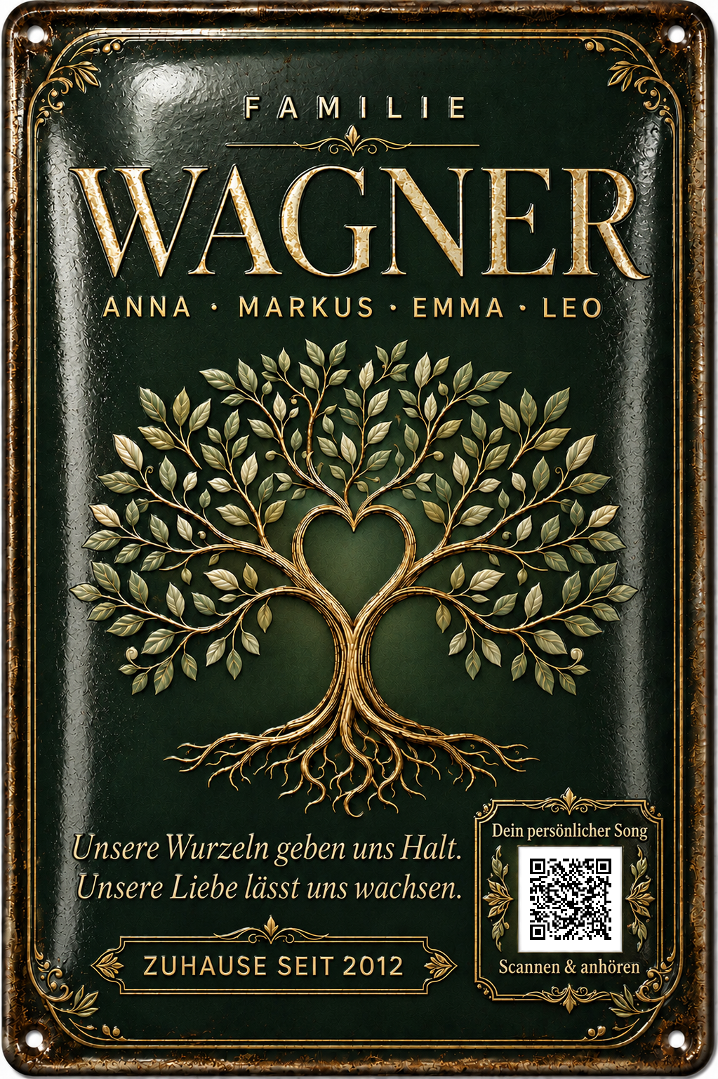 Familienbaum – Unsere Wurzeln geben uns Halt – personalisiertes Blechschild – Ausführung mit QR-Code für einen persönlichen Song, 20 × 30 cm