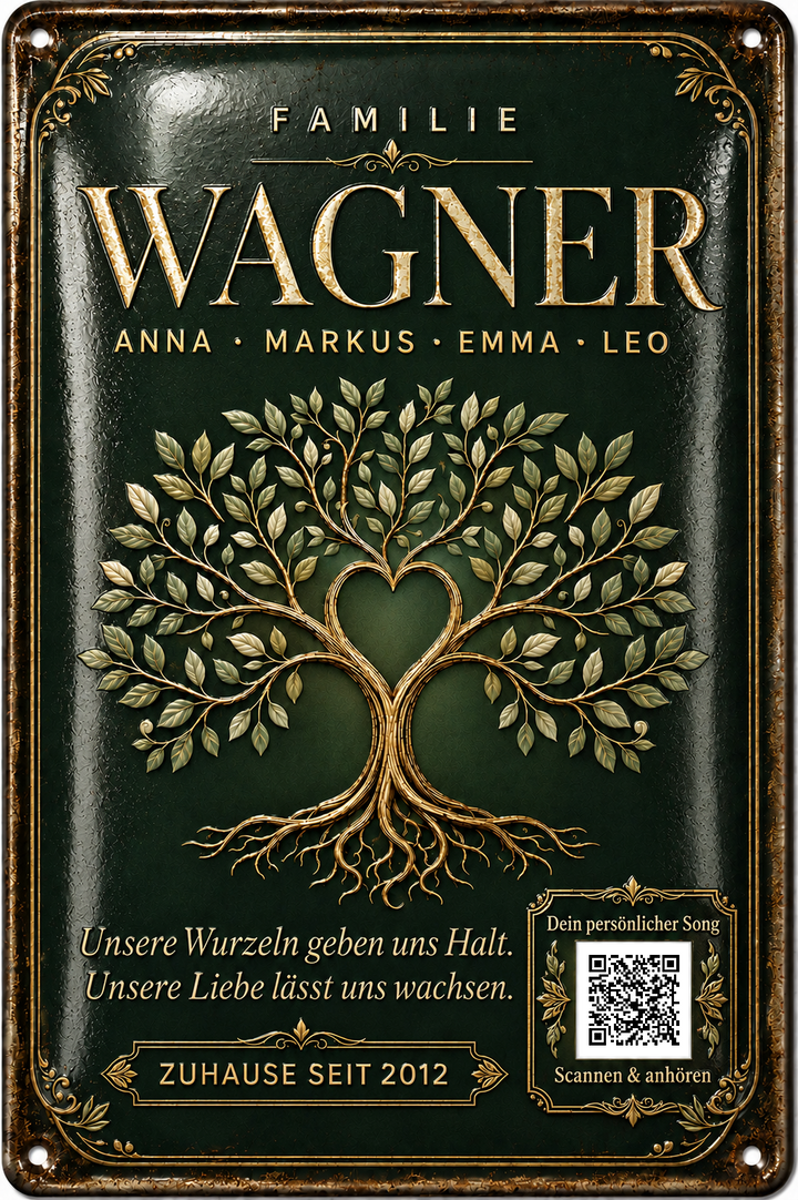 Familienbaum – Unsere Wurzeln geben uns Halt – personalisiertes Blechschild – Ausführung mit QR-Code für einen persönlichen Song, 20 × 30 cm