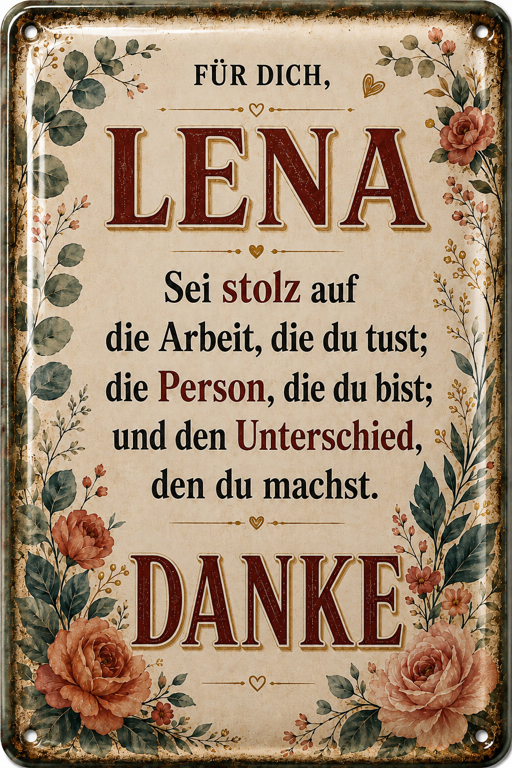 Danke – Sei stolz auf dich – personalisiertes Leotie Metallschild, 20 × 30 cm – Motivansicht