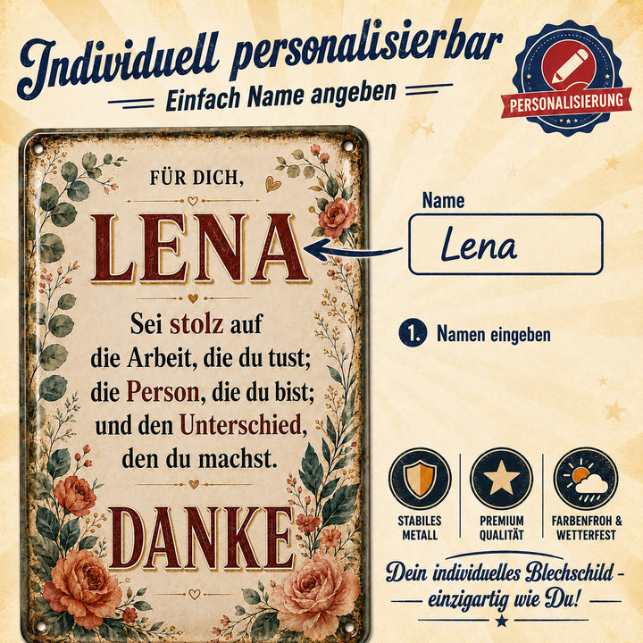 Danke – Sei stolz auf dich – personalisiertes Leotie Metallschild, 20 × 30 cm – Produktabbildung 3
