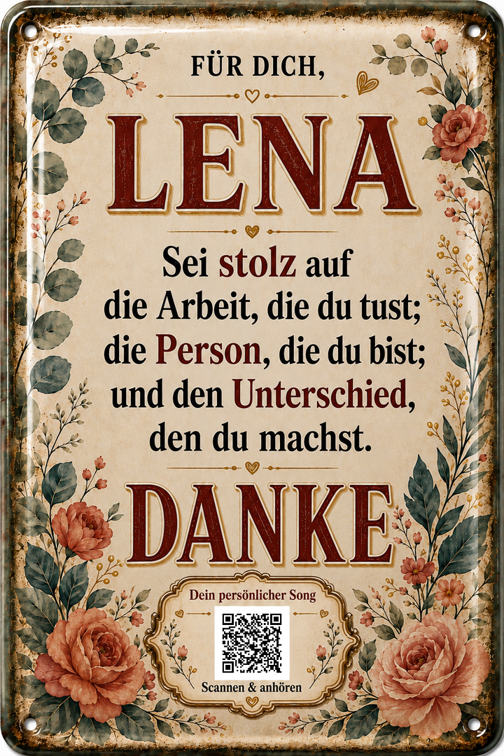 Danke – Sei stolz auf dich – personalisiertes Blechschild – Ausführung mit QR-Code für einen persönlichen Song, 20 × 30 cm