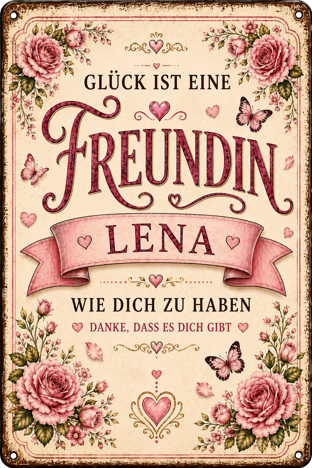 Glück ist eine Freundin – Rosen & Herzen – personalisiertes Leotie Metallschild, 20 × 30 cm – Produktabbildung 2
