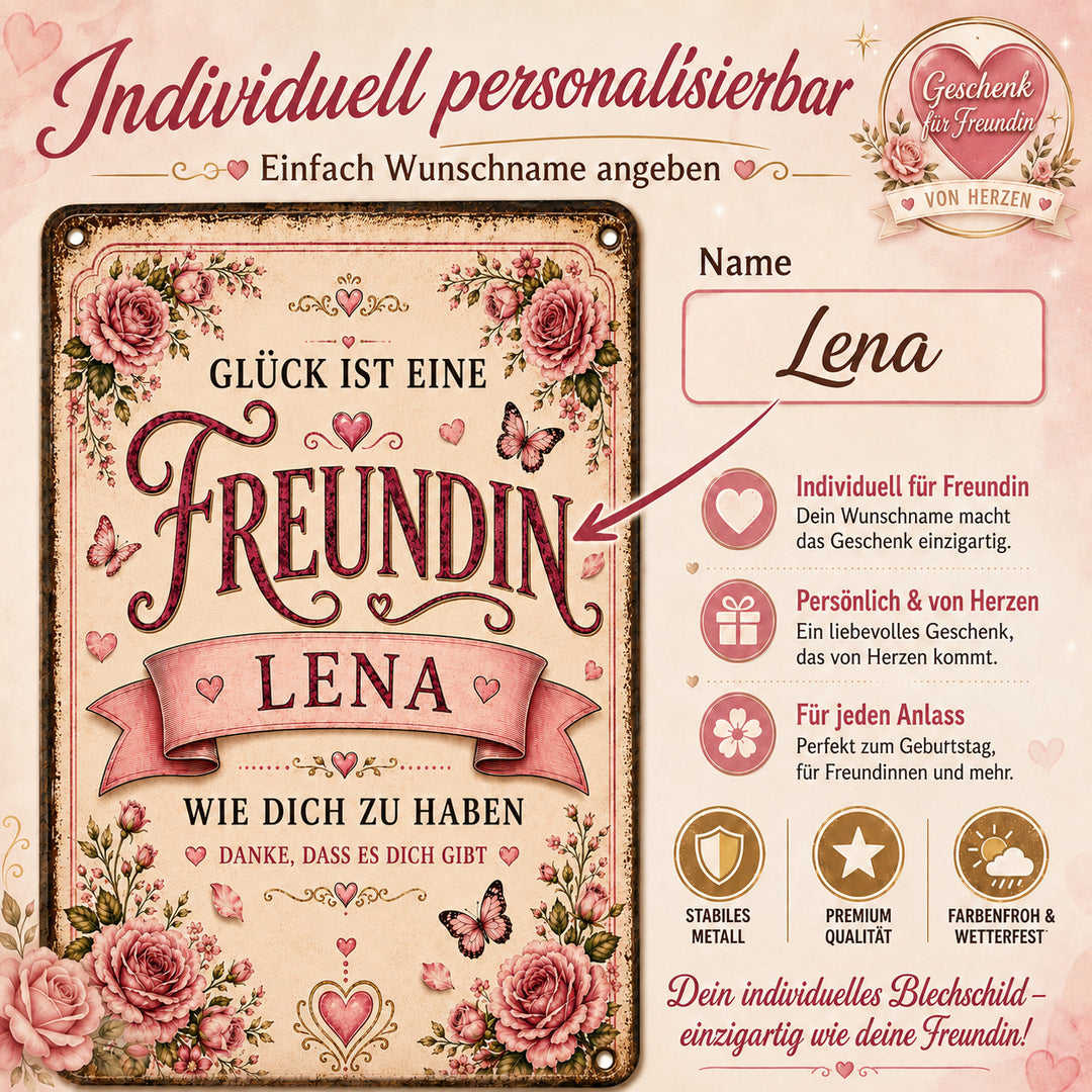 Glück ist eine Freundin – Rosen &amp; Herzen – personalisiertes Leotie Metallschild, 20 × 30 cm – Produktabbildung 4