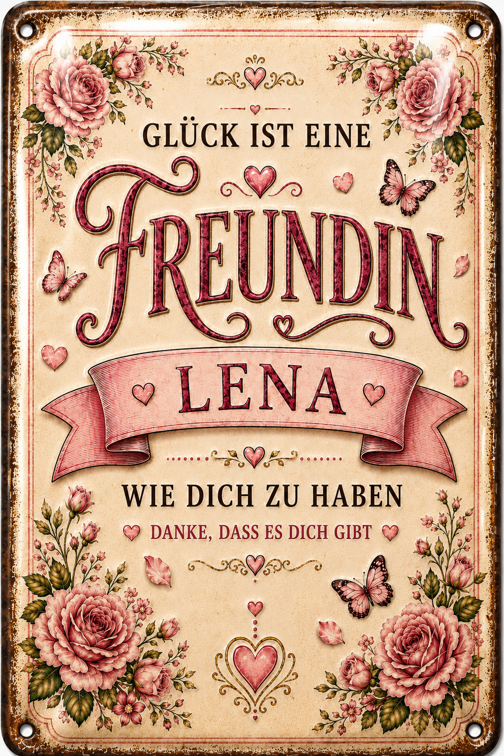 Glück ist eine Freundin – Rosen & Herzen – personalisiertes Leotie Metallschild, 20 × 30 cm – Motivansicht