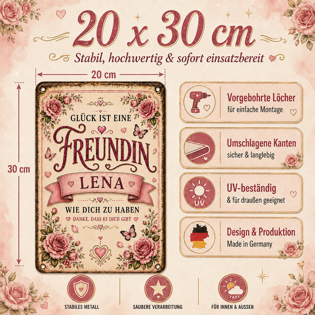 Glück ist eine Freundin – Rosen &amp; Herzen – personalisiertes Leotie Metallschild, 20 × 30 cm – Produktabbildung 5