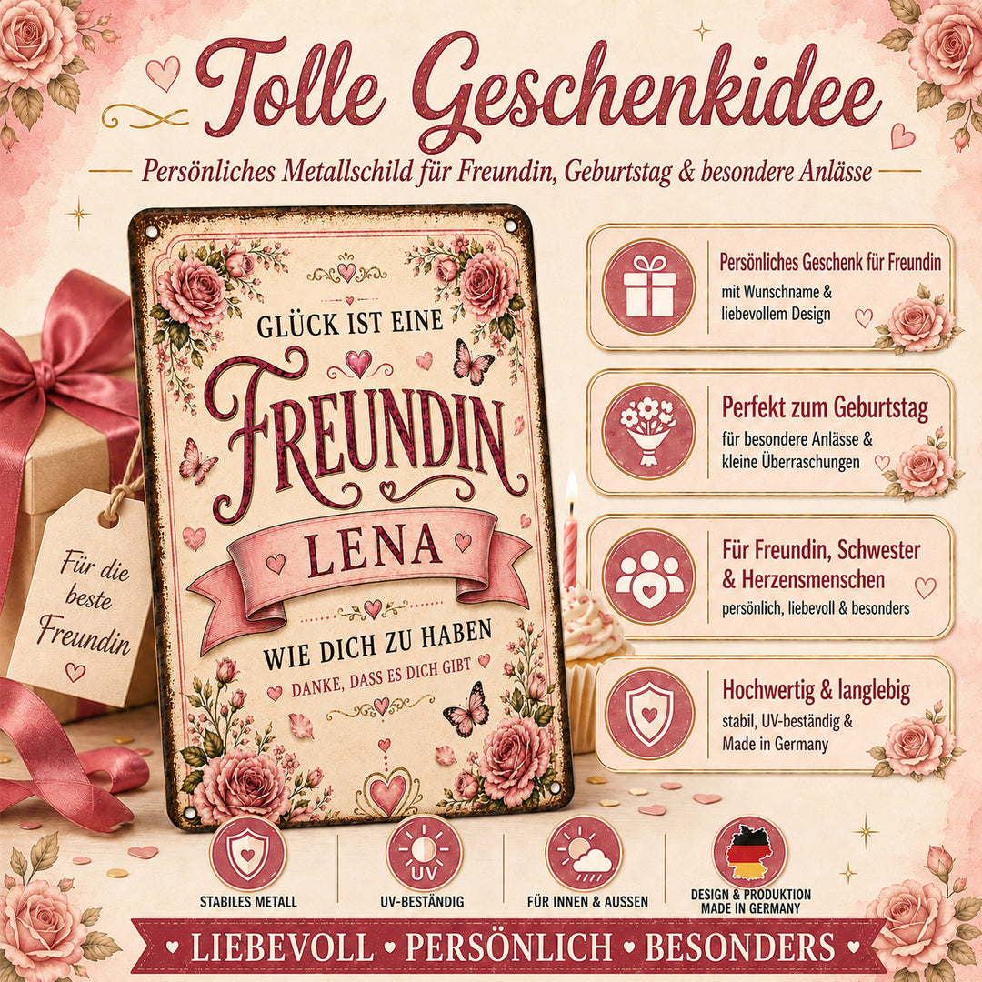 Glück ist eine Freundin – Rosen &amp; Herzen – personalisiertes Leotie Metallschild, 20 × 30 cm – Produktabbildung 6