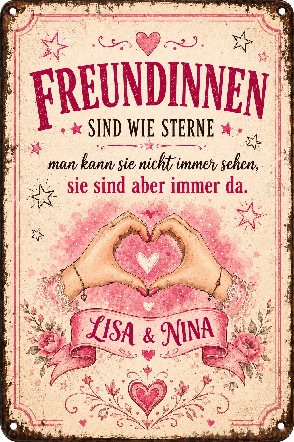 Freundinnen sind wie Sterne – Herz aus Händen – personalisiertes Leotie Metallschild, 20 × 30 cm – Produktabbildung 2