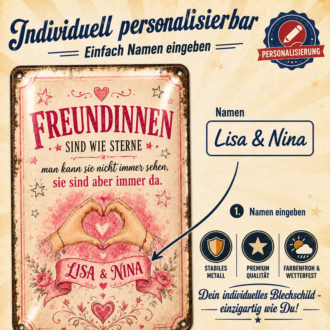 Freundinnen sind wie Sterne – Herz aus Händen – personalisiertes Leotie Metallschild, 20 × 30 cm – Produktabbildung 3