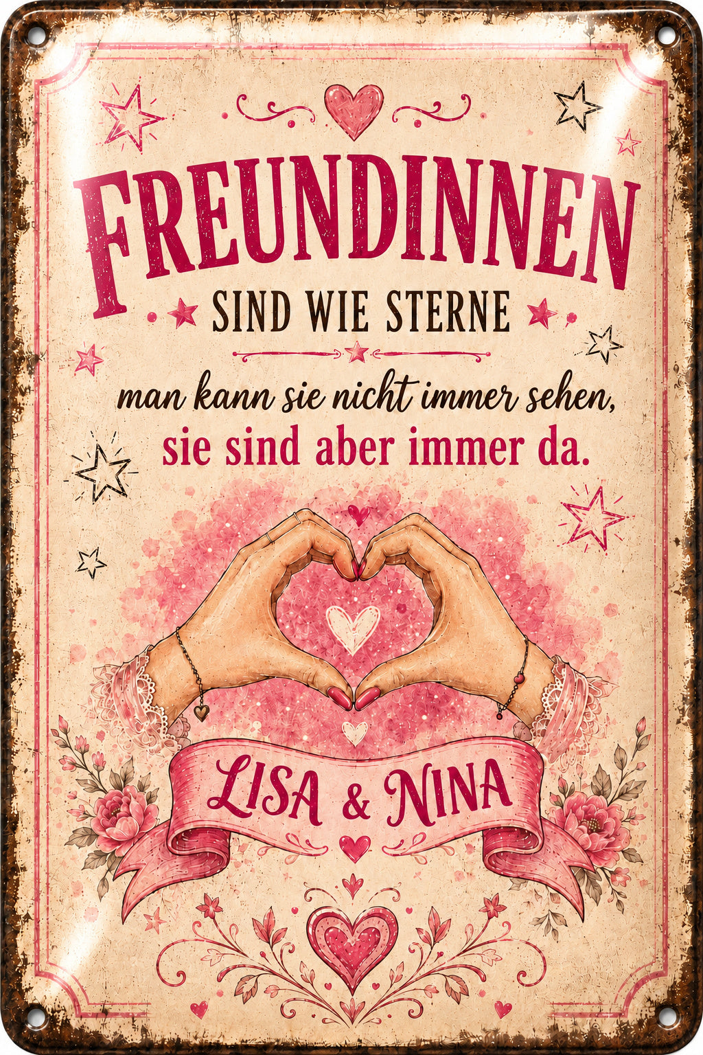 Freundinnen sind wie Sterne – Herz aus Händen – personalisiertes Leotie Metallschild, 20 × 30 cm – Motivansicht