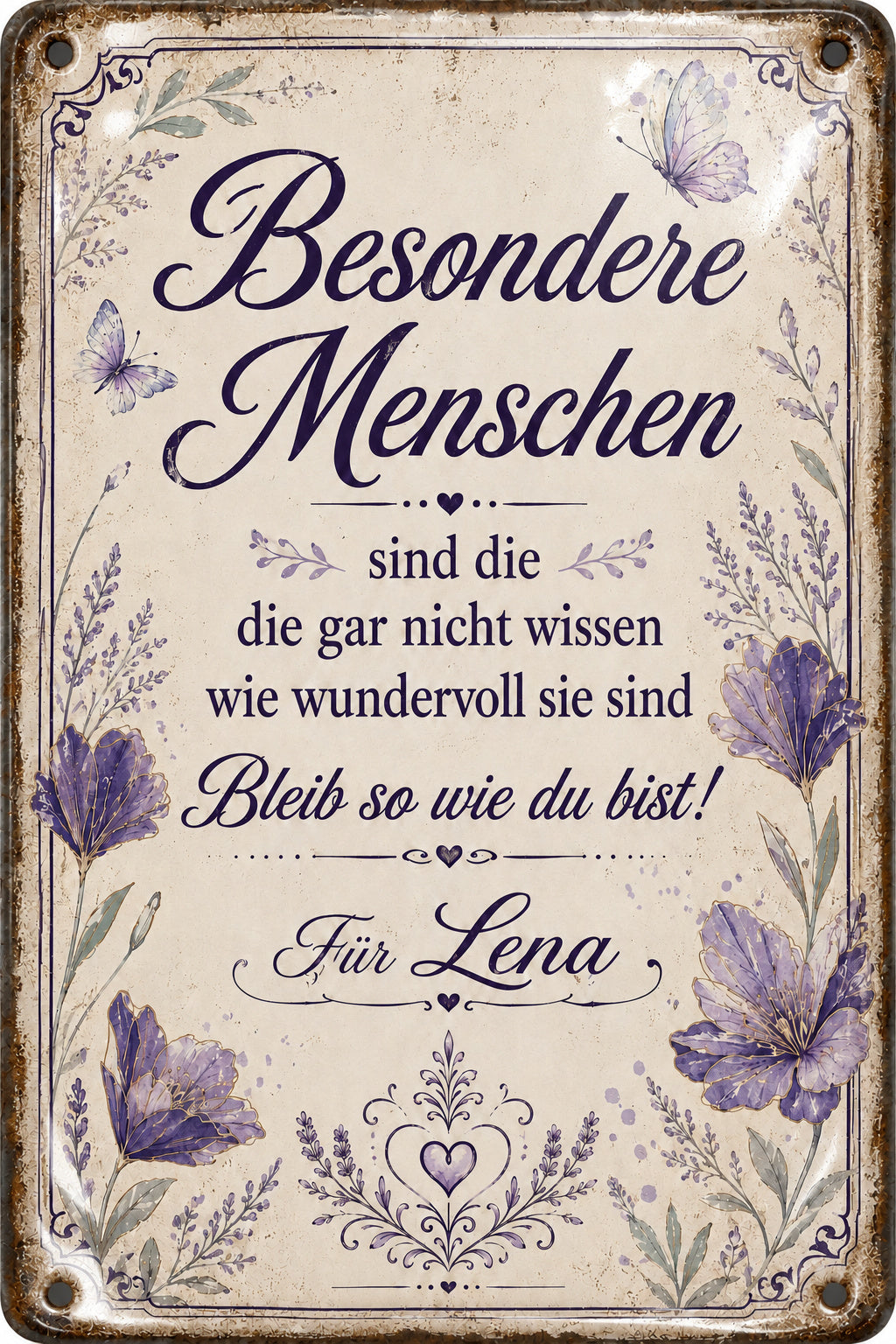 Besondere Menschen – Lavendel & Schmetterlinge – personalisiertes Leotie Metallschild, 20 × 30 cm – Motivansicht