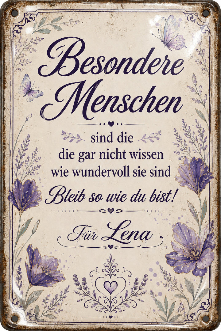 Besondere Menschen – Lavendel &amp; Schmetterlinge – personalisiertes Leotie Metallschild, 20 × 30 cm – Motivansicht