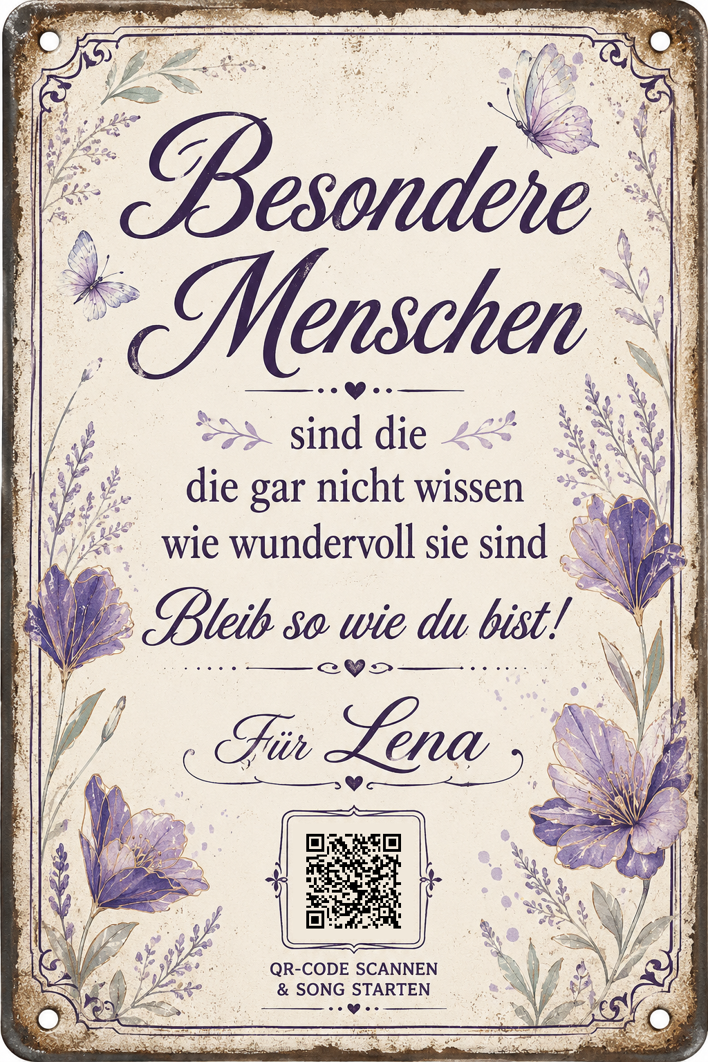 Besondere Menschen – Lavendel &amp; Schmetterlinge – personalisiertes Blechschild – Ausführung mit QR-Code für einen persönlichen Song, 20 × 30 cm