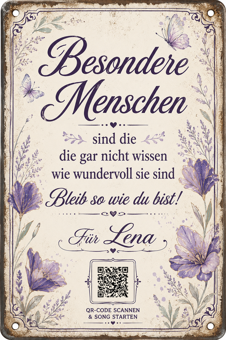 Besondere Menschen – Lavendel &amp; Schmetterlinge – personalisiertes Blechschild – Ausführung mit QR-Code für einen persönlichen Song, 20 × 30 cm