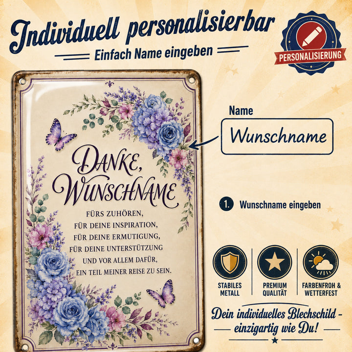 Danke fürs Zuhören – Blumen in Blau &amp; Lila – personalisiertes Leotie Metallschild, 20 × 30 cm – Produktabbildung 2