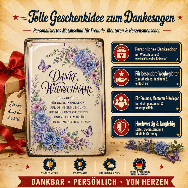 Danke fürs Zuhören – Blumen in Blau &amp; Lila – personalisiertes Leotie Metallschild, 20 × 30 cm – Produktabbildung 3