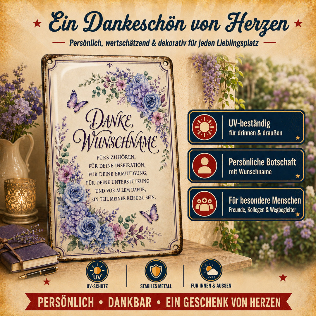 Danke fürs Zuhören – Blumen in Blau &amp; Lila – personalisiertes Leotie Metallschild, 20 × 30 cm – Produktabbildung 4