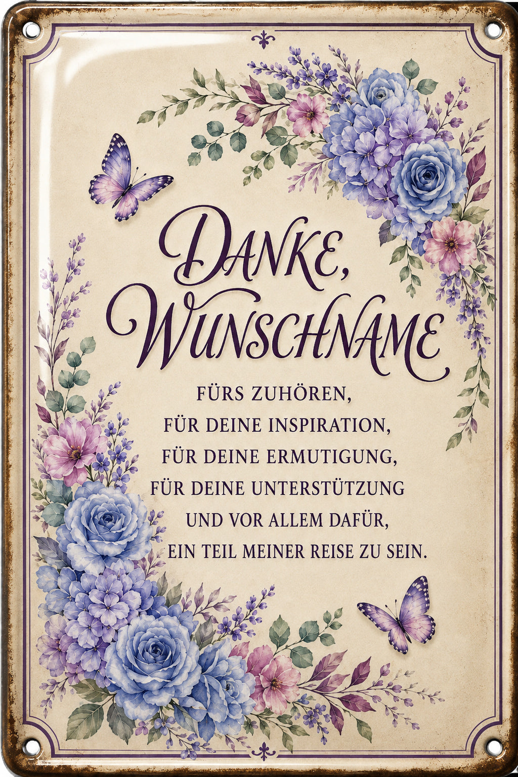 Danke fürs Zuhören – Blumen in Blau &amp; Lila – personalisiertes Leotie Metallschild, 20 × 30 cm – Motivansicht