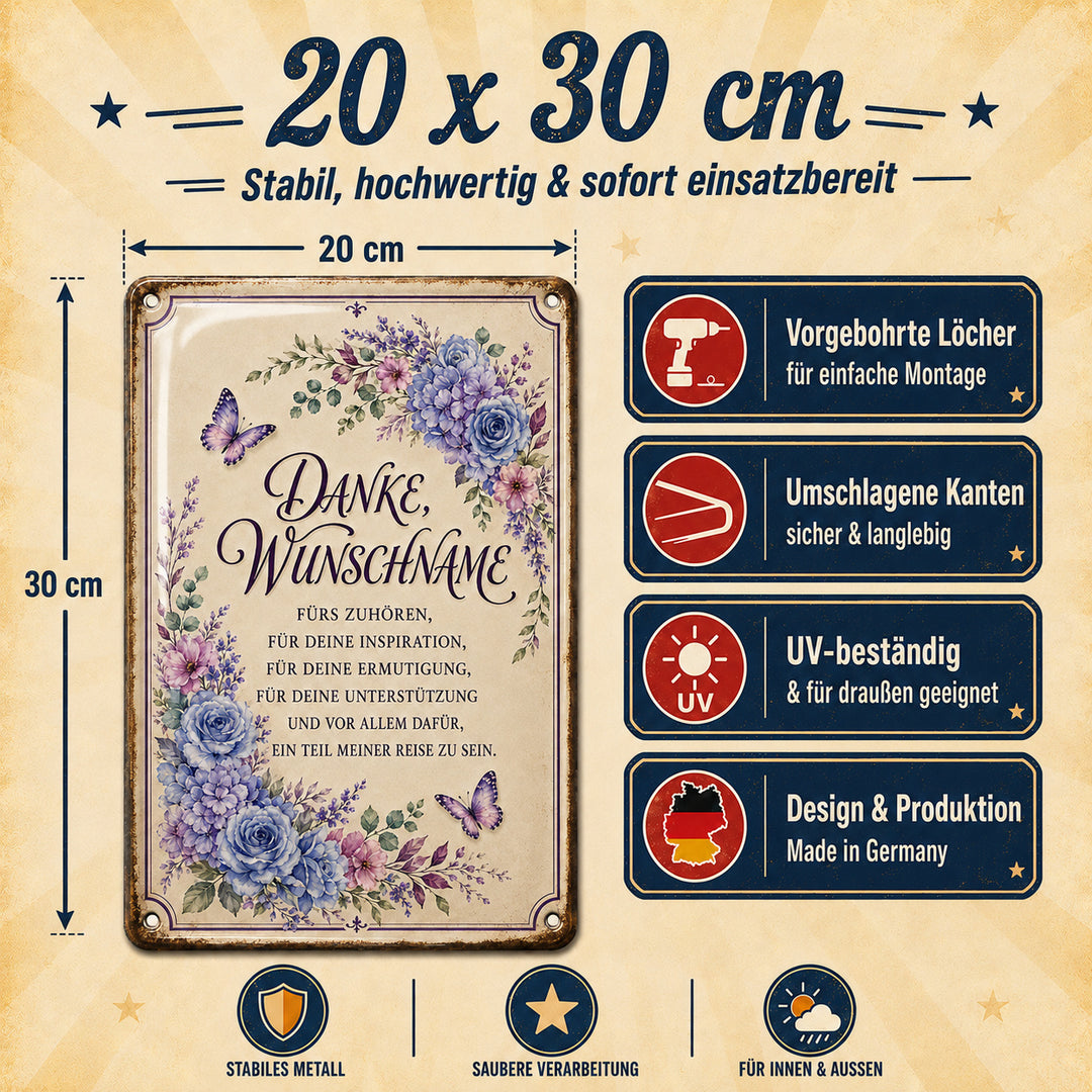 Danke fürs Zuhören – Blumen in Blau &amp; Lila – personalisiertes Leotie Metallschild, 20 × 30 cm – Produktabbildung 5