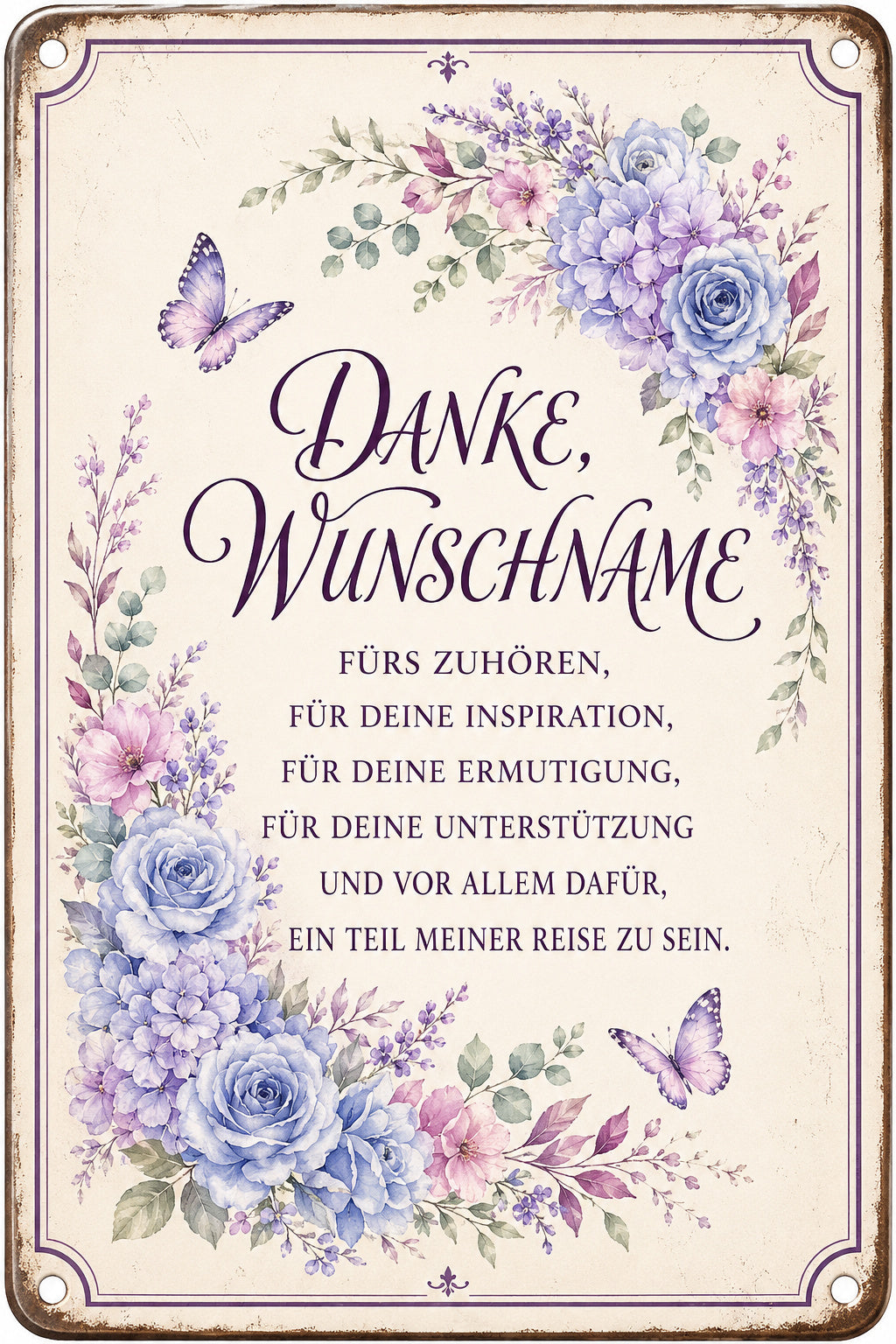 Danke fürs Zuhören – Blumen in Blau &amp; Lila – personalisiertes Leotie Metallschild, 20 × 30 cm – Produktabbildung 6