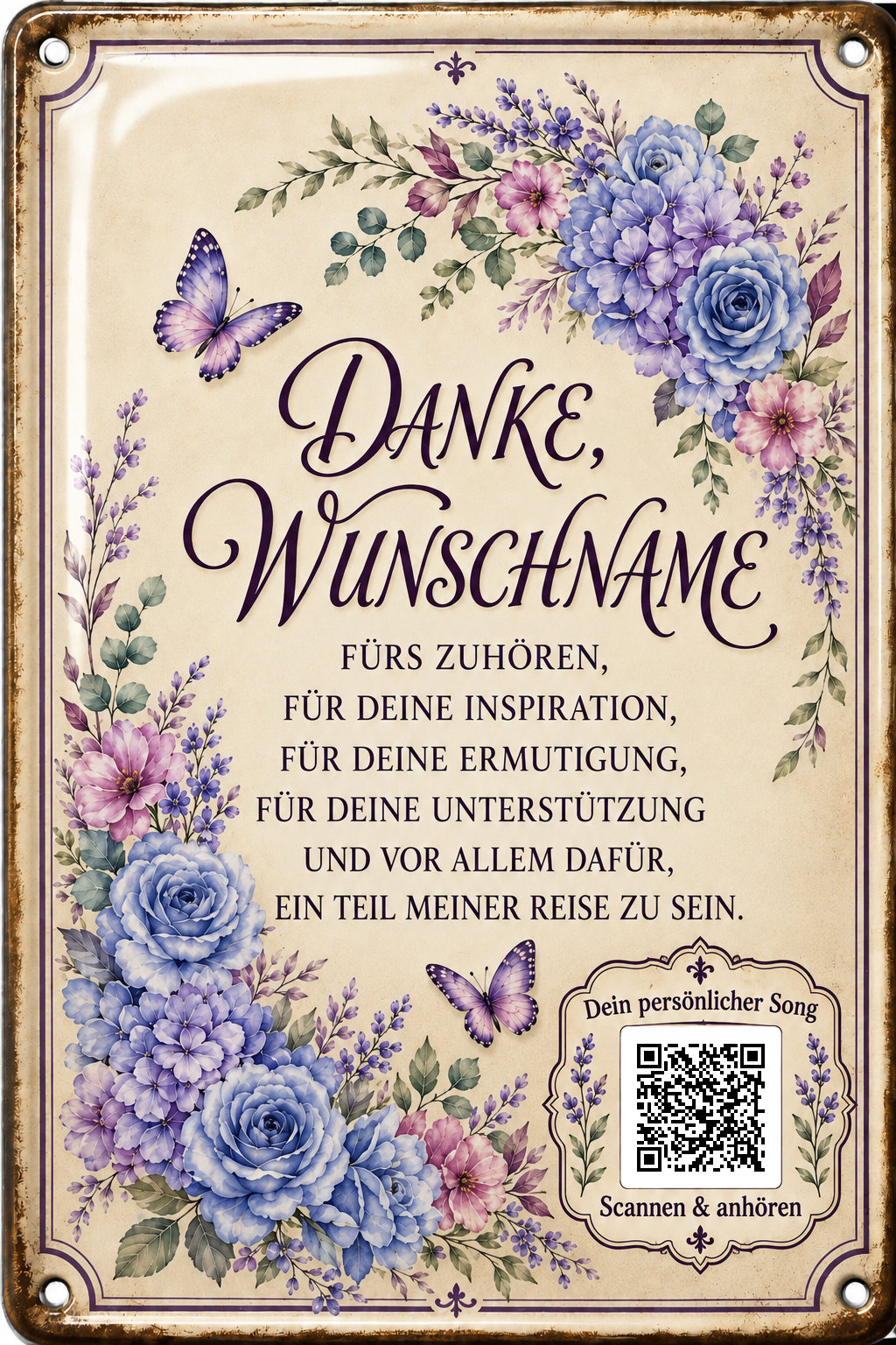 Danke fürs Zuhören – Blumen in Blau &amp; Lila – personalisiertes Blechschild – Ausführung mit QR-Code für einen persönlichen Song, 20 × 30 cm