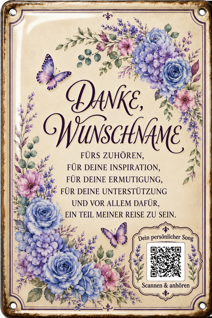 Danke fürs Zuhören – Blumen in Blau &amp; Lila – personalisiertes Blechschild – Ausführung mit QR-Code für einen persönlichen Song, 20 × 30 cm