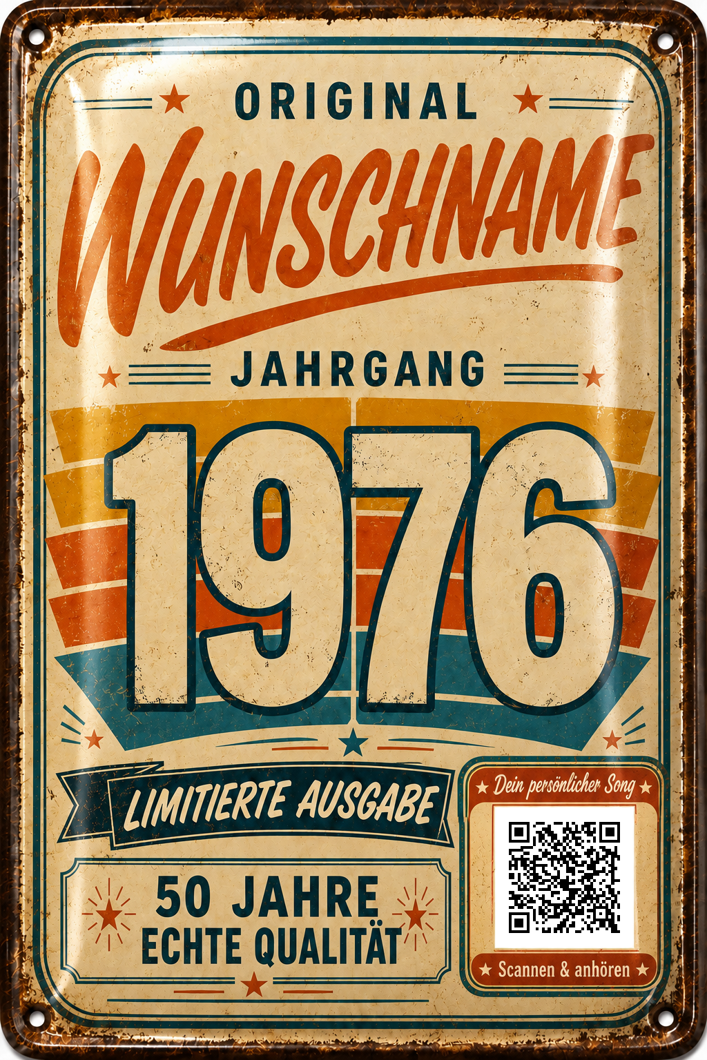 Original Jahrgang – Limitierte Ausgabe – personalisiertes Blechschild – Ausführung mit QR-Code für einen persönlichen Song, 20 × 30 cm
