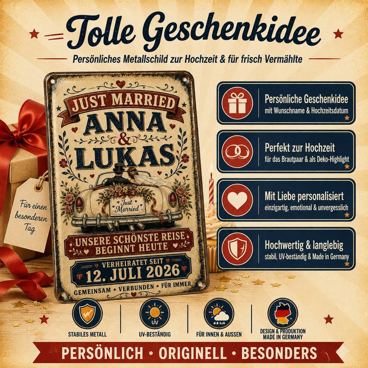 Just Married – Hochzeitsauto im Retro-Stil – personalisiertes Leotie Metallschild, 20 × 30 cm – Produktabbildung 2
