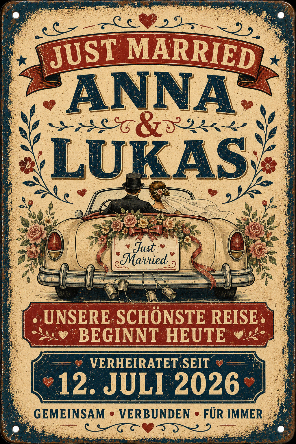 Just Married – Hochzeitsauto im Retro-Stil – personalisiertes Leotie Metallschild, 20 × 30 cm – Produktabbildung 3