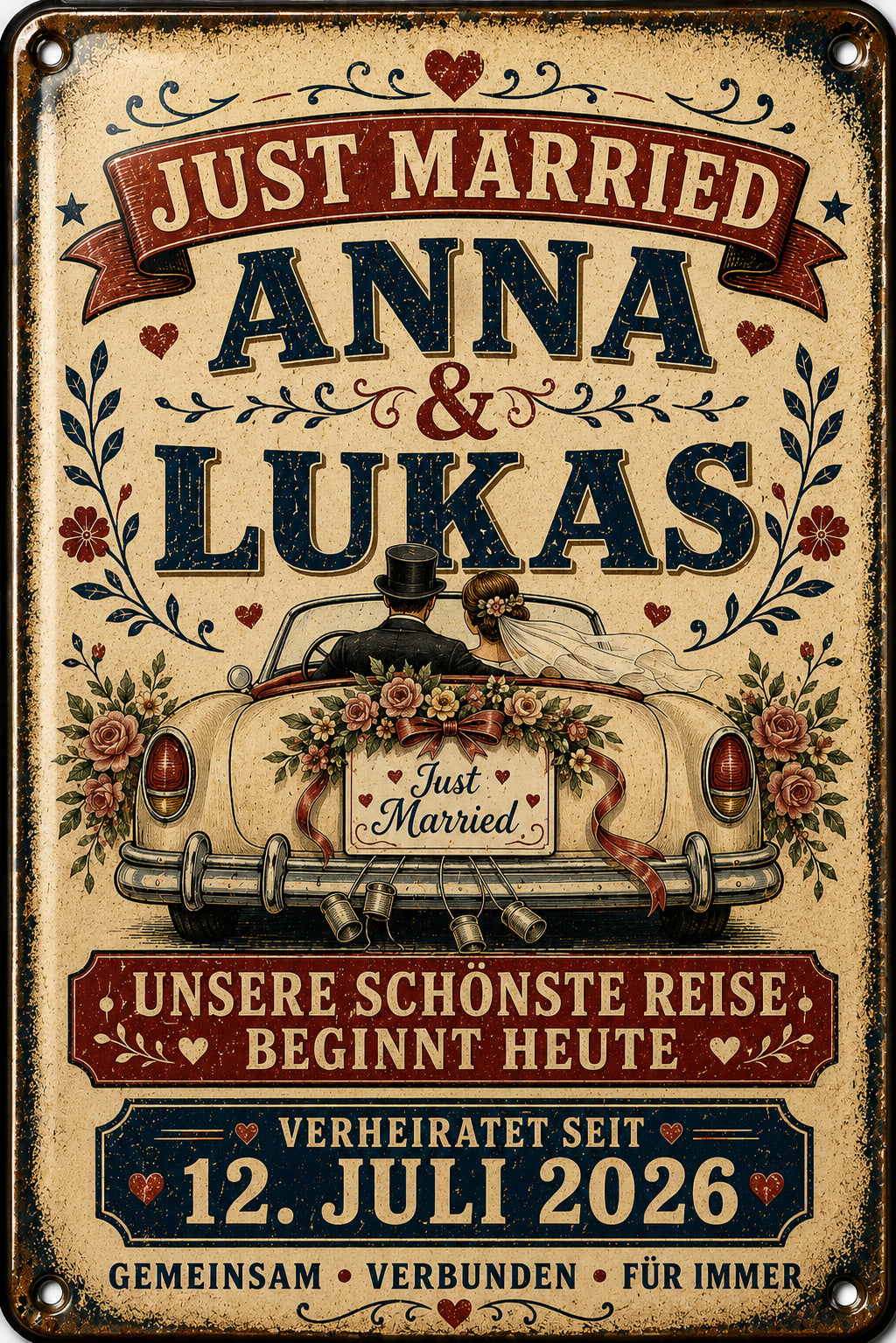 Just Married – Hochzeitsauto im Retro-Stil – personalisiertes Leotie Metallschild, 20 × 30 cm – Motivansicht