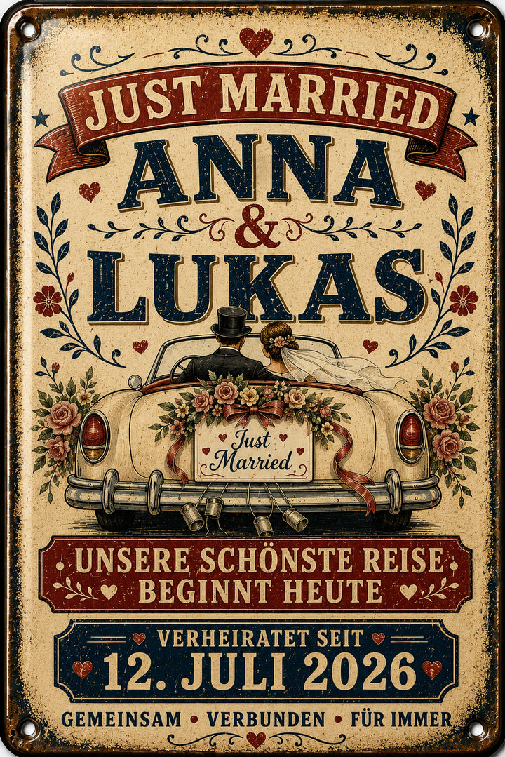 Just Married – Hochzeitsauto im Retro-Stil – personalisiertes Leotie Metallschild, 20 × 30 cm – Motivansicht